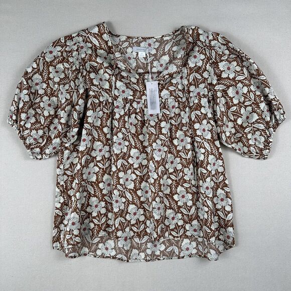 Outerknown Floral Blouse Top Women’s S‎ Brown Bell Short Sleeve V Neck Organic - Picture 1 of 16